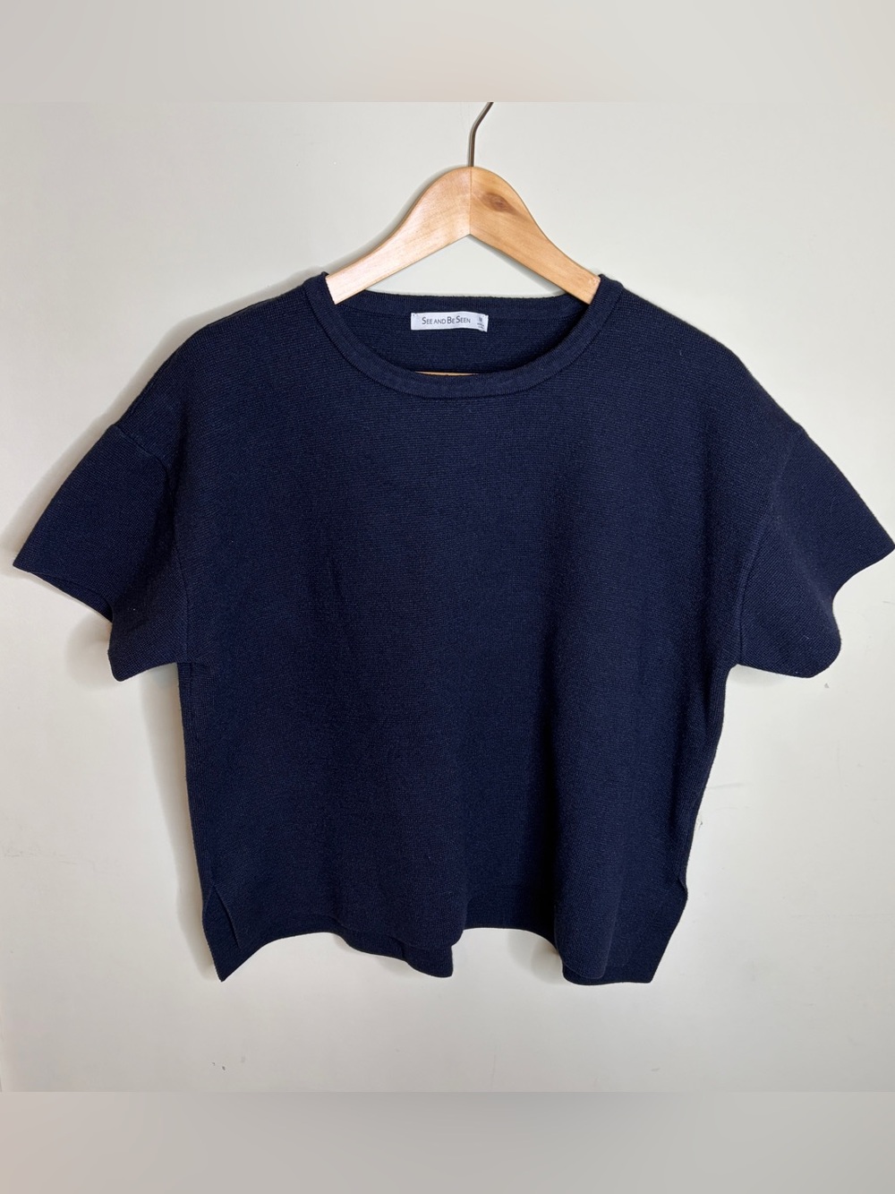 Cropped Short Sleeve Navy Sweater Boxy Knit Top Size Medium
